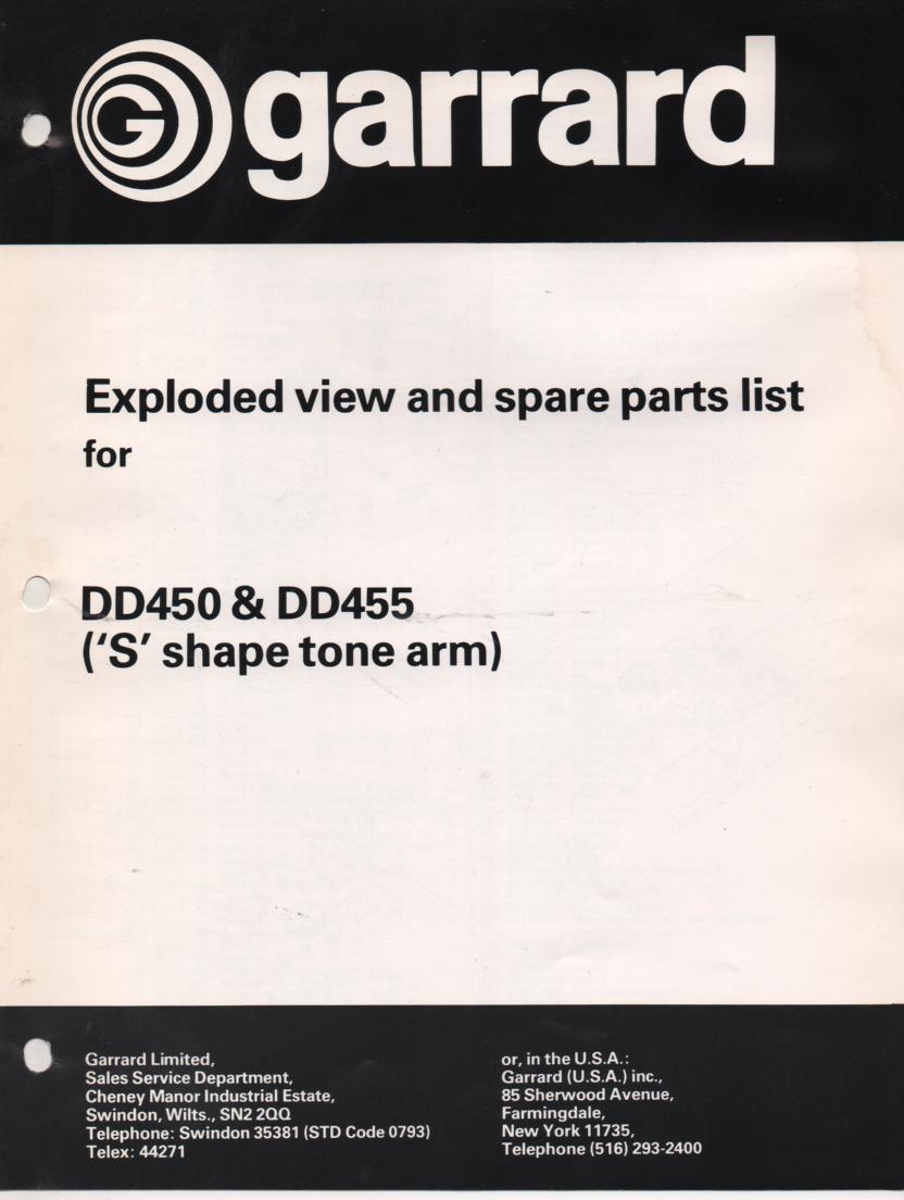 DD450 DD455 Turntable Exploded View Parts Manual for S shape tone arm