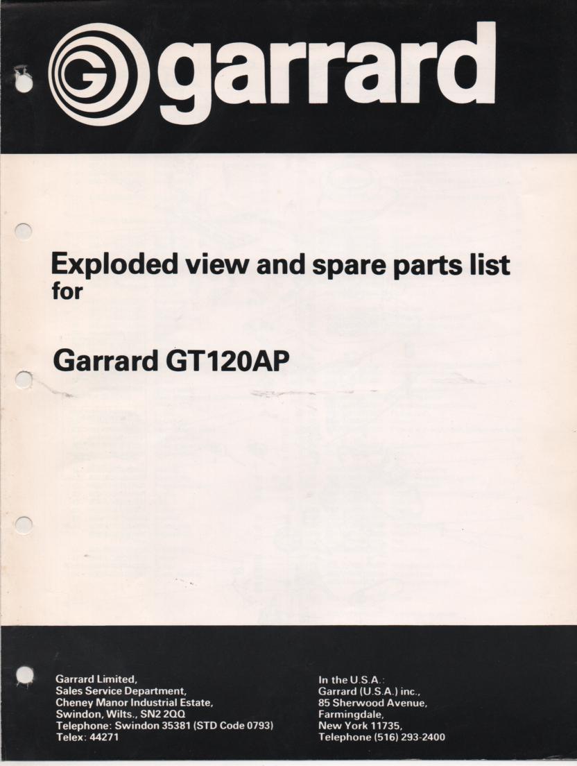 GT120AP Turntable Exploded View Parts Manual.Also contains tone arm weight balance adjustment information