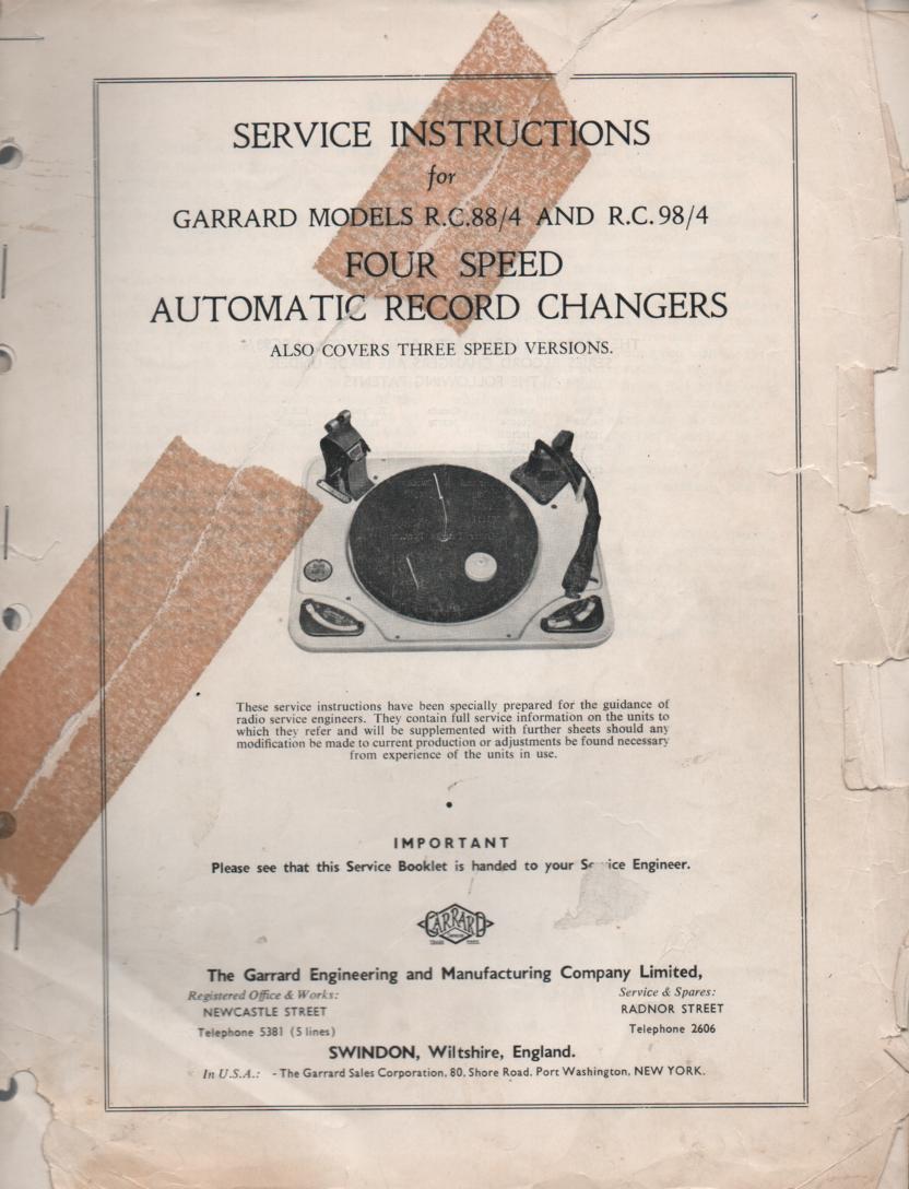 RC-88 RC-88 4 RC-98 4 Phonograph Turntable Service Manual 