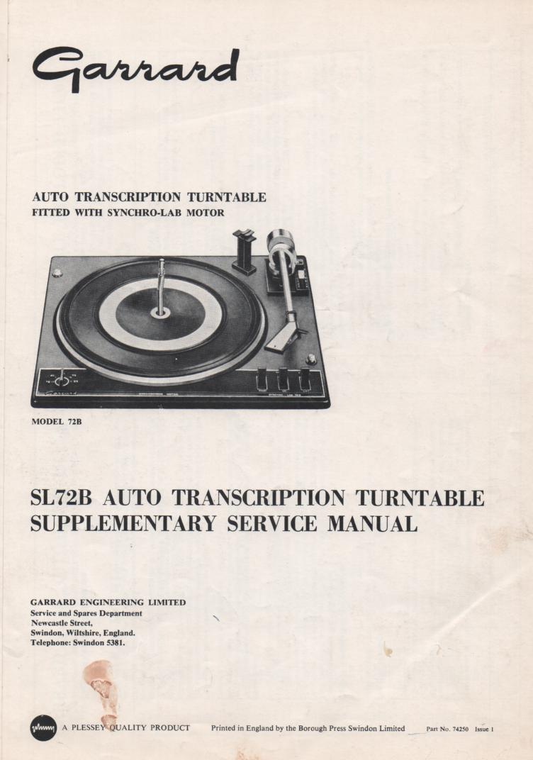 SL72B Turntable Supplemental Service Manual 
