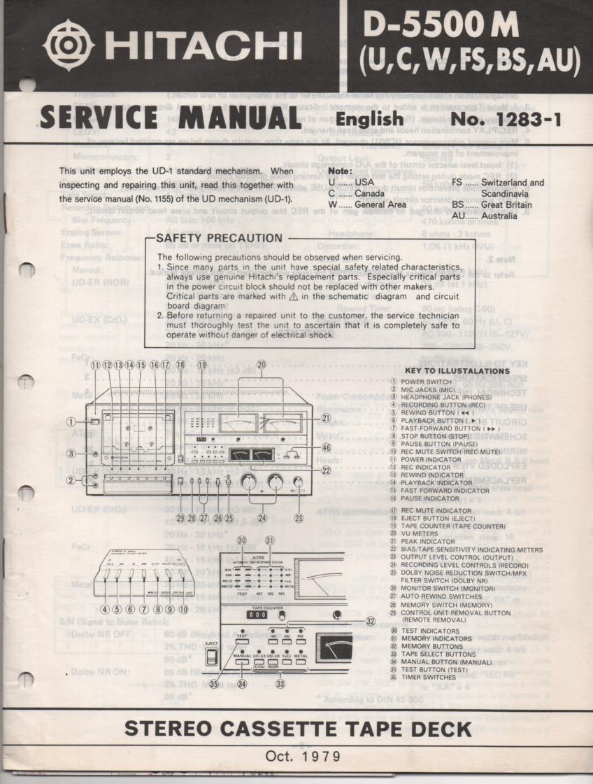 D-5500M Cassette Deck Service Manual .  For U C W FS BS and AU versions.  Manual is in English..Need the UD-1 Mechanism manual for complete service manual.