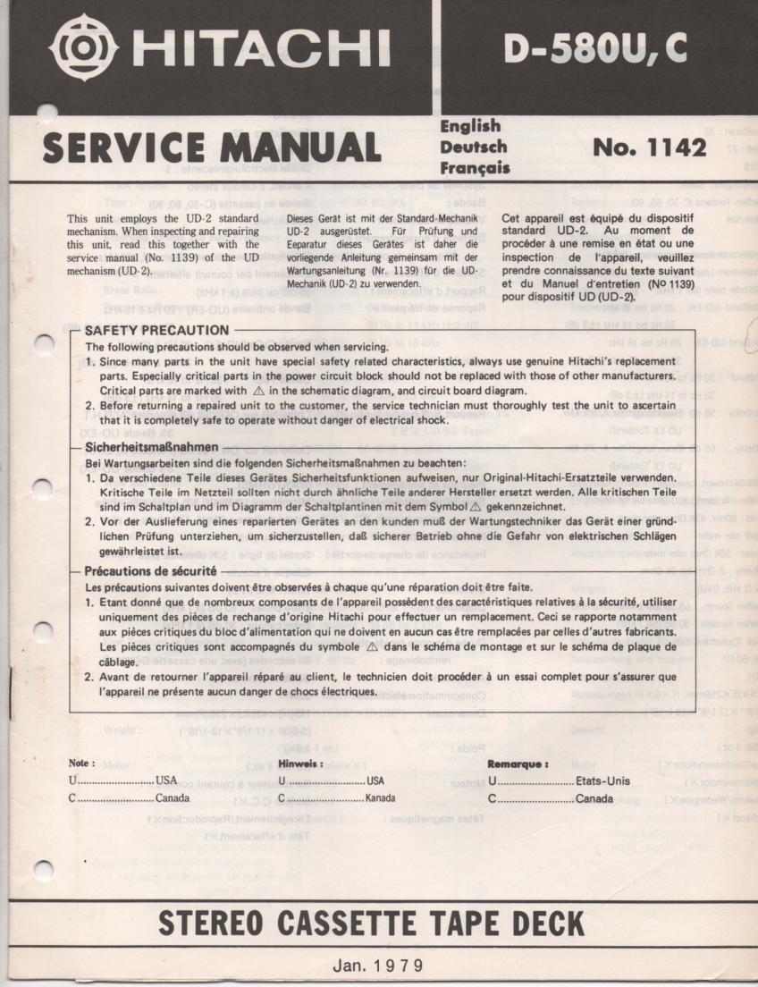 D-580 Cassette Deck Service Manual .  For U C versions.  Manual is in English Deutsch and Francais. Need the UD-2 Mechanism manual for complete service manual.