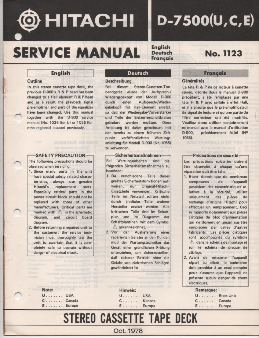 D-7500 Cassette Deck Service Manual .  For U C and E versions.  Manual is in English Deutsch and Francais...D-900 Manual needed.