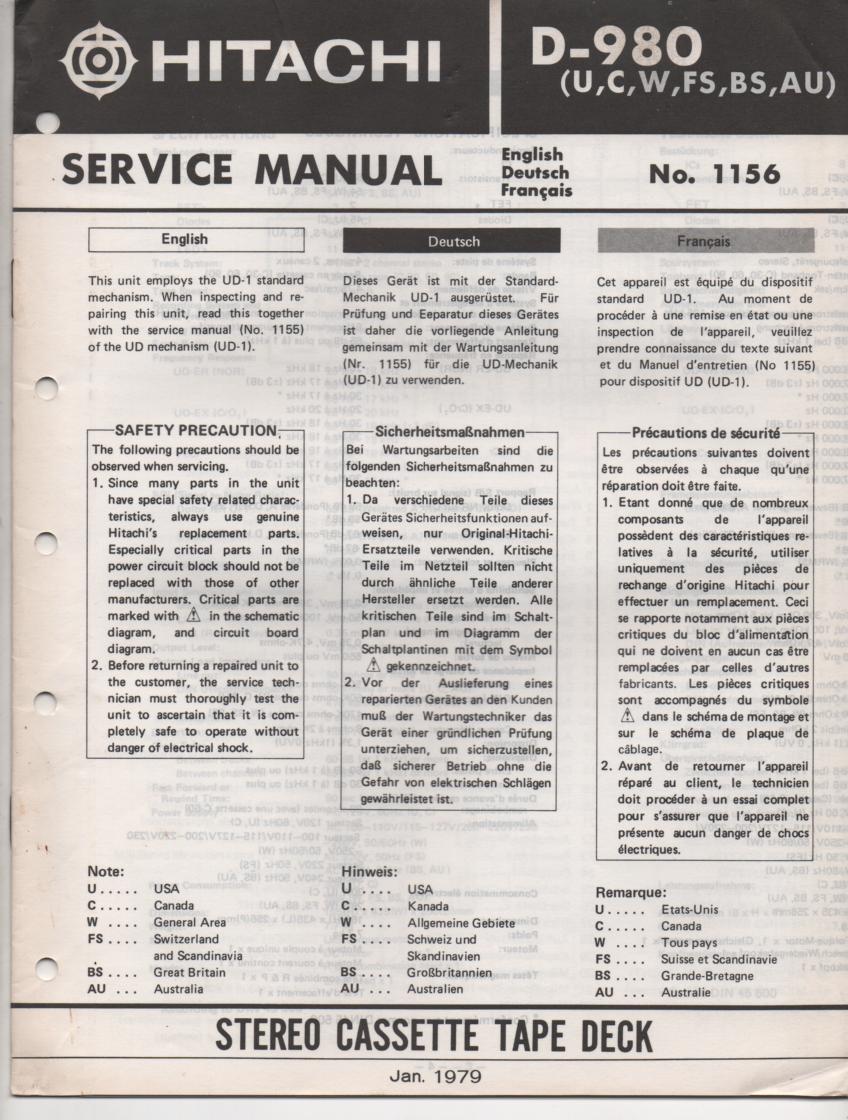D-980 Cassette Deck Service Manual .  For U C W FS BS and AU versions. Manual is in English Deutsch and Francais. Need the UD-1 Mechanism manual for complete service manual.