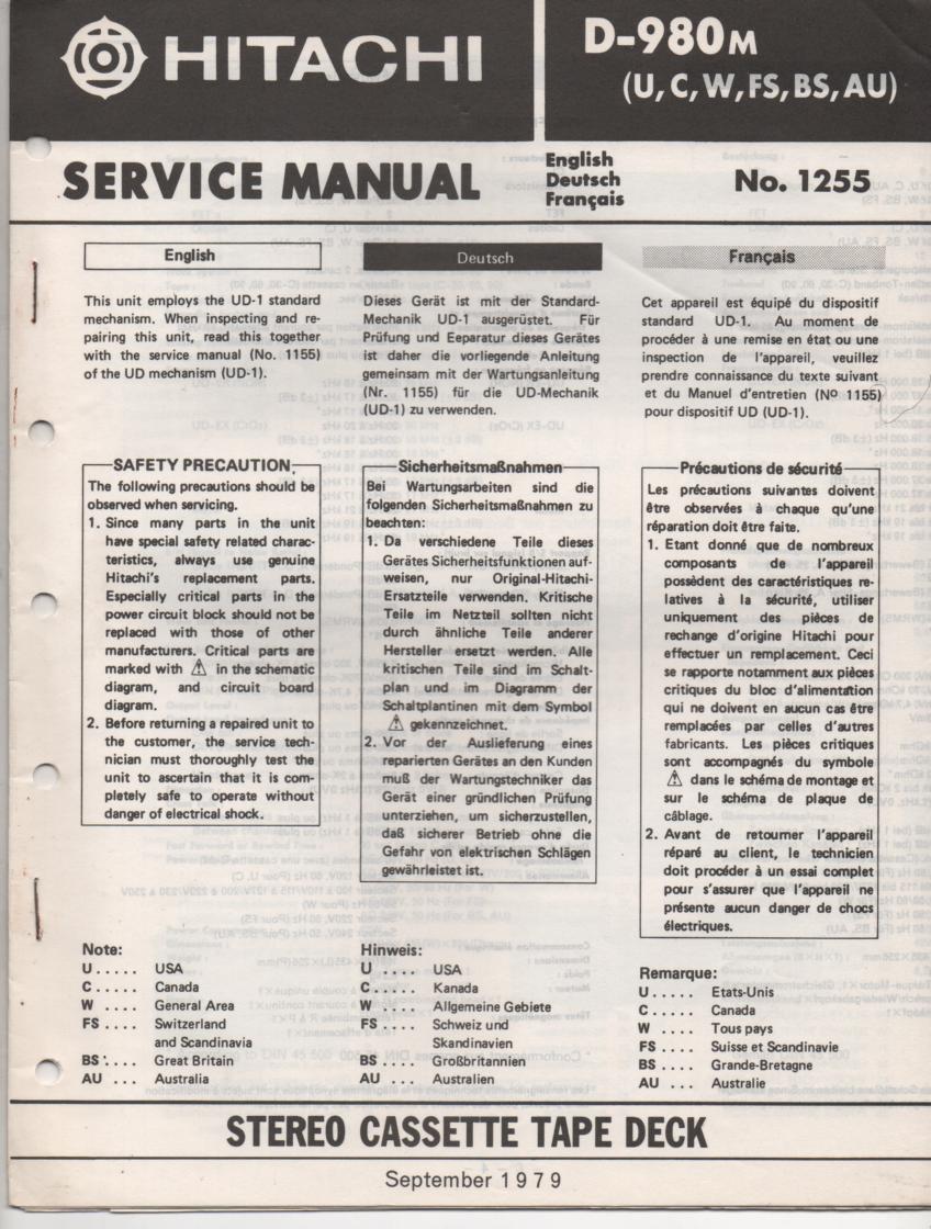 D-980M Cassette Deck Service Manual .  For U C W FS BS and AU versions. Manual is in English Deutsch and Francais. Need the UD-1 Mechanism manual for complete service manual.