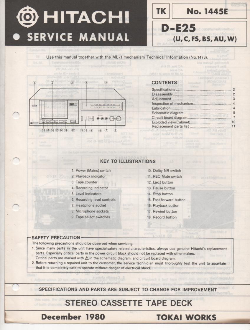 D-E25 Cassette Deck Service Manual .  For U C W FS BS and AU versions.  Manual is in English.. ML-1 Mechanism manual needed for complete manual..
