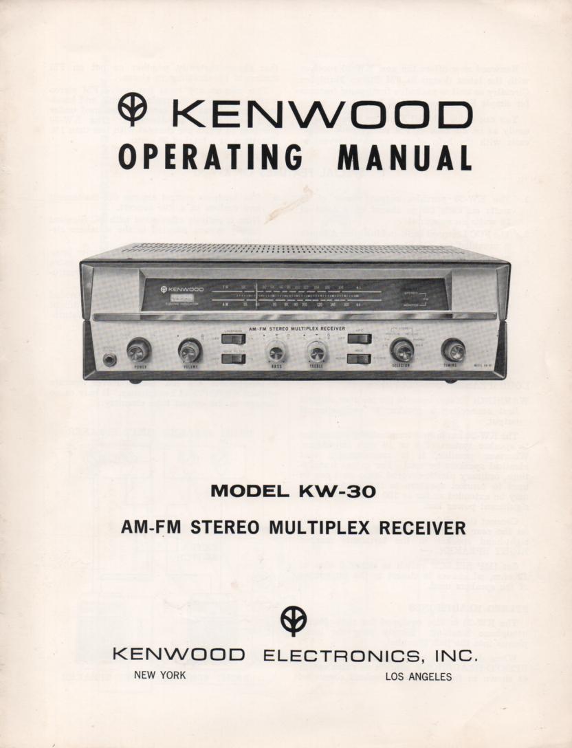 KW-30 AM FM Stereo Multiplex Receiver Owners Operating Instruction Manual with schematic only.