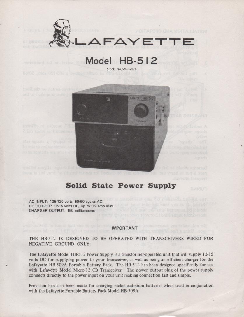 HB-512 Power Supply Owners Service Manual. Owners manual with schematic..   Stock No. 99-32278