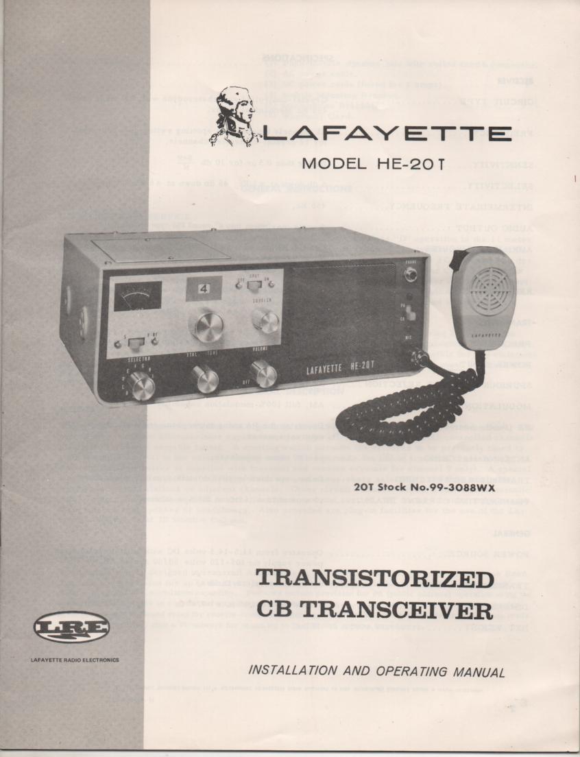 HE-20T CB Radio Owners Service Manual. Owners manual with schematic.  Stock No. 99-3088WX .