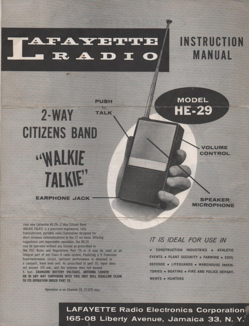HE-29 Walkie Talkie Radio Owners Service Manual..  Owners manual with schematic.