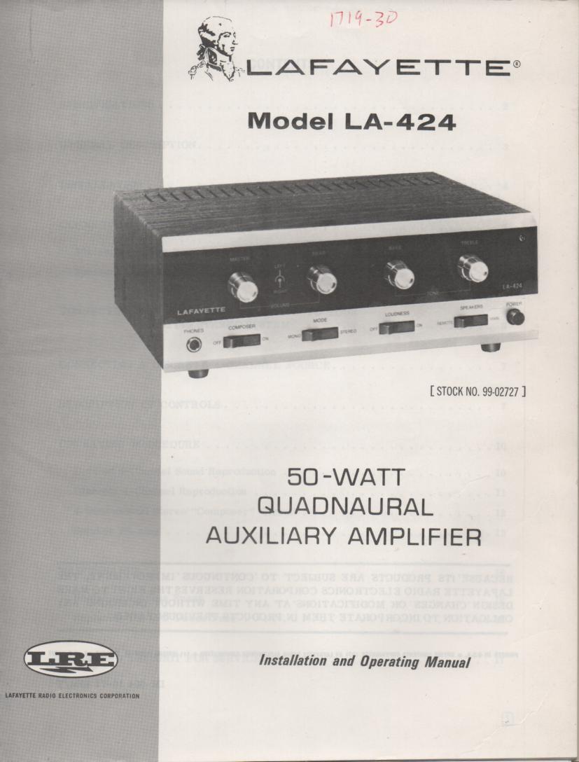 LA-424 Amplifier Owners Service Manual with Foldout Schematic and Parts foldout. (2 foldouts)