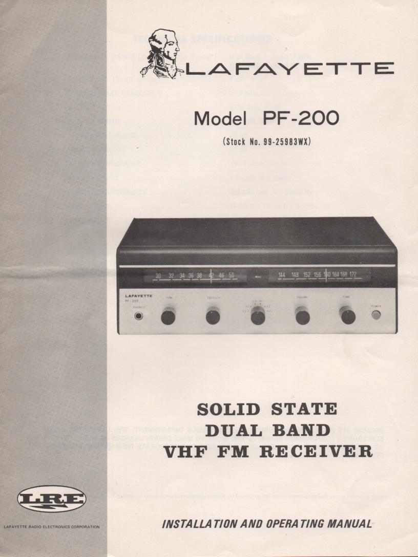 PF-200 Dual Band FM Receiver Owners Service Manual. Owners manual with schematic, Stock No. 99-25983WX .	