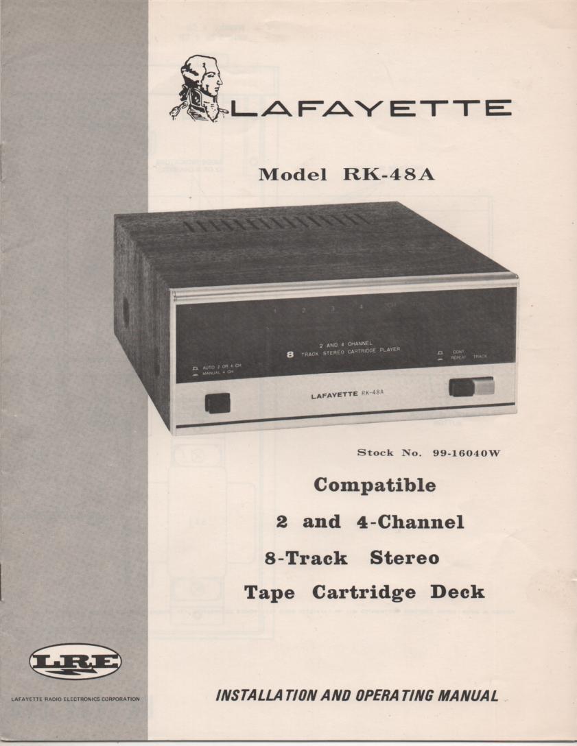 RK-48A 8-Track Player Manual.  8-Track player Owners Service Manual.   Owners manual with schematic.