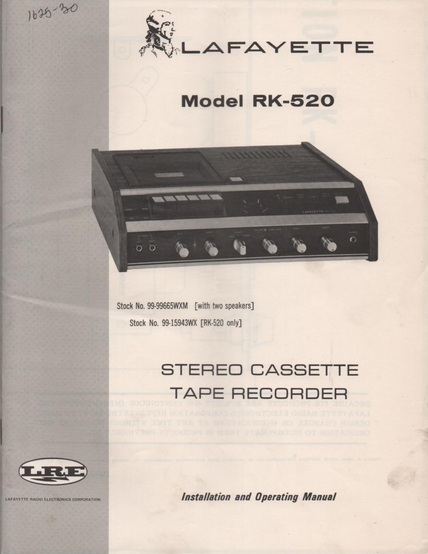RK-520 Cassette Tape Recorder Owners Service Manual. Owners manual with foldout schematic. Stock No. 99-15943WX .
