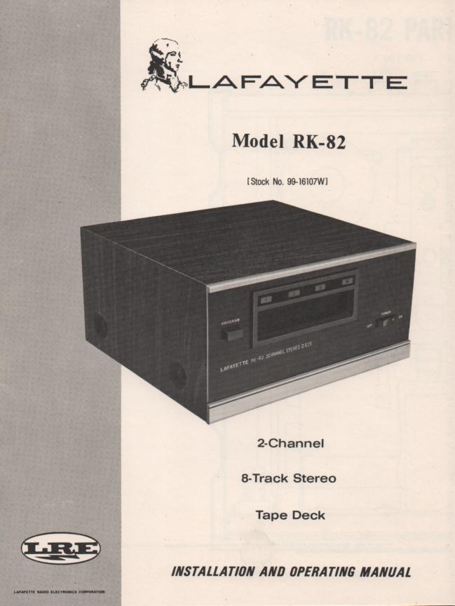 RK-82 8-Track Player Manual. Owners Service Manual.  Owners manual with schematic,