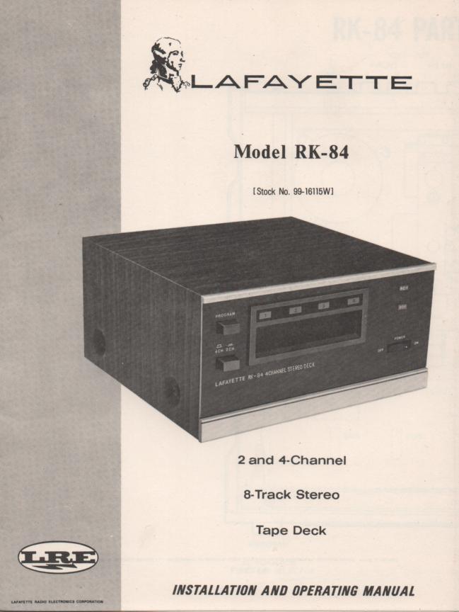 RK-84 8-Track Player Manual. Owners Service Manual.  Owners manual with schematic.