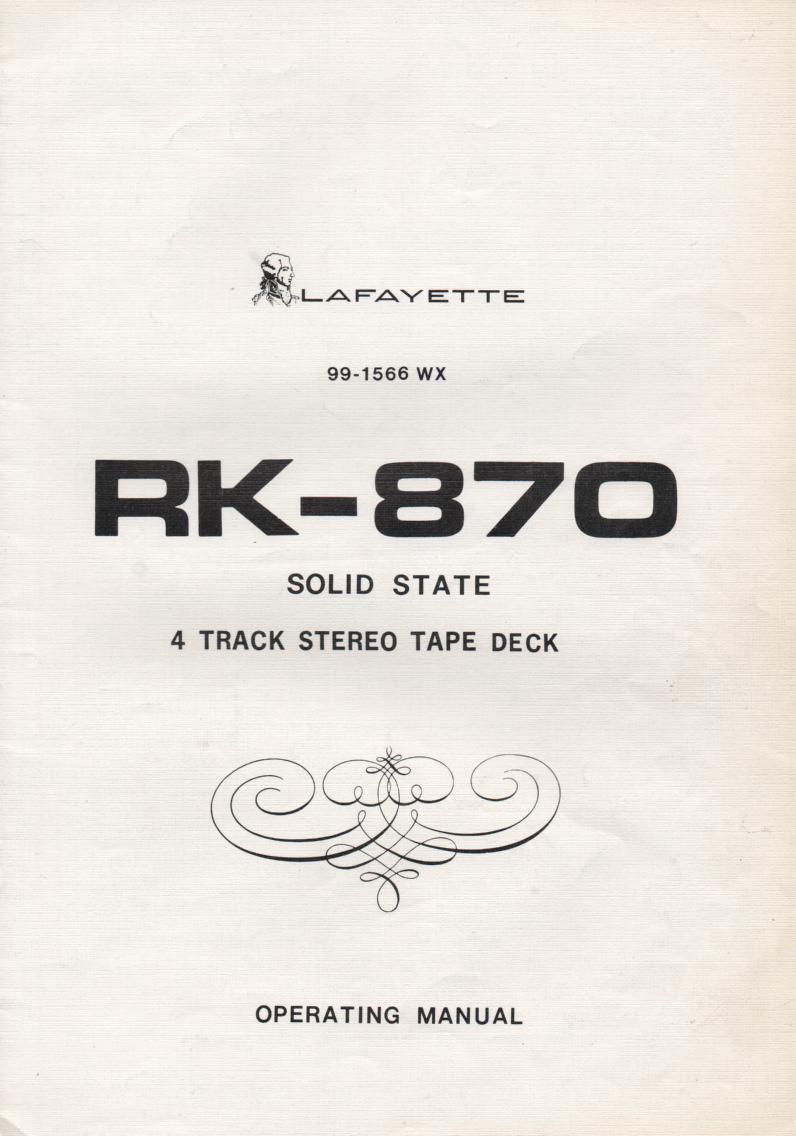 RK-870 Reel to Reel Owners Manual. Owners manual with schematic. Stock No. 99-1566WX...