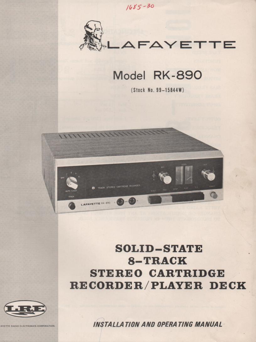 RK-890 8-Track Recorder Player Owners Service Manual. Owners manual with schematic. Stock No. 99-15844W .