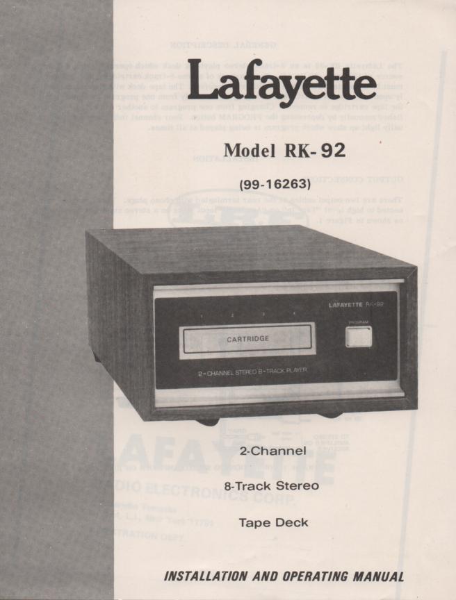 RK-92 8-Track Player Manual.   RK-92 8-Track player Owners Service Manual.   Owners manual with schematic...  Stock No. 99-16263