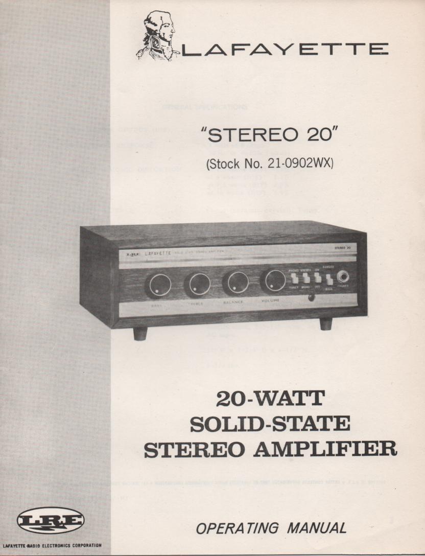 Stereo 20 Amplifier Owners Service Manual .  Owners Manual with schematic.    Stock No. 21-0902WX .