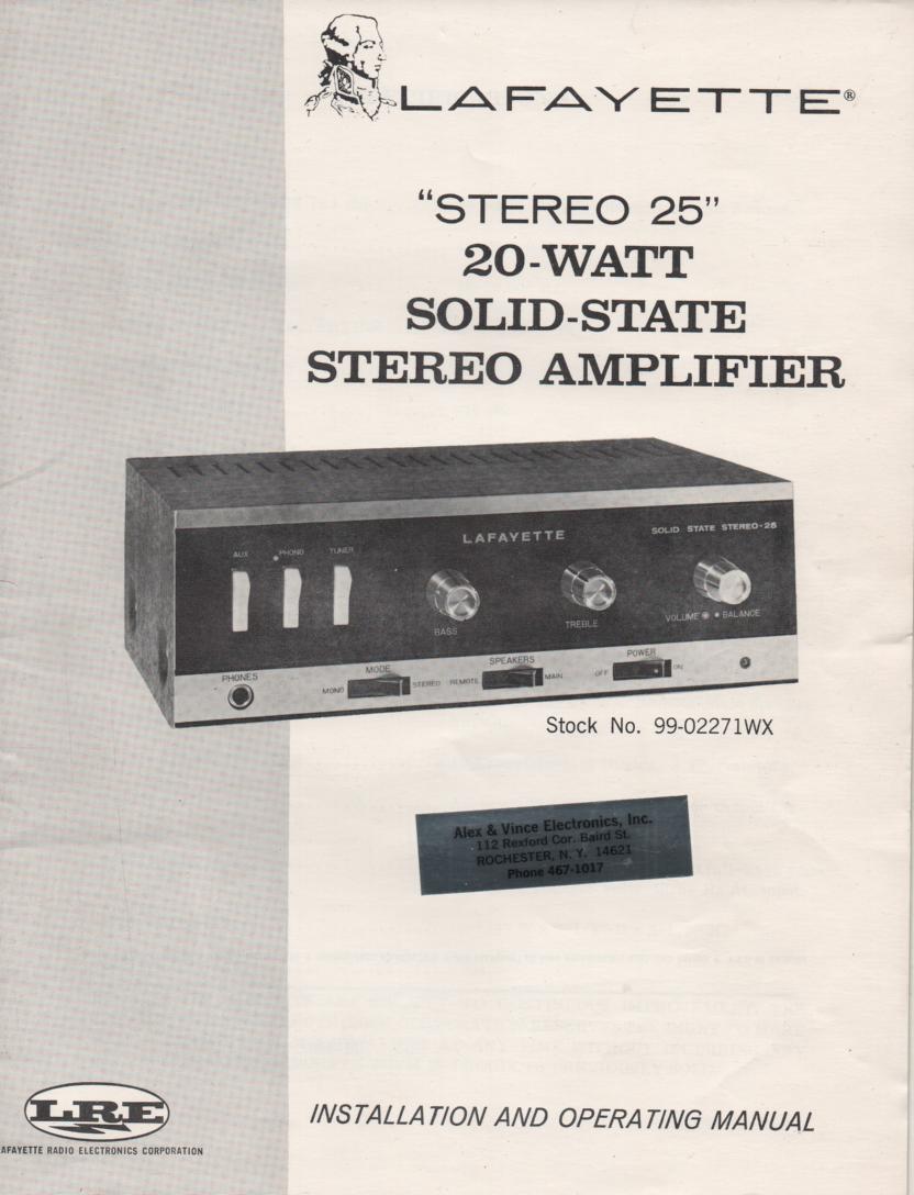Stereo 25 Amplifier Owners Service Manual.  This is an owners manual with a schematic