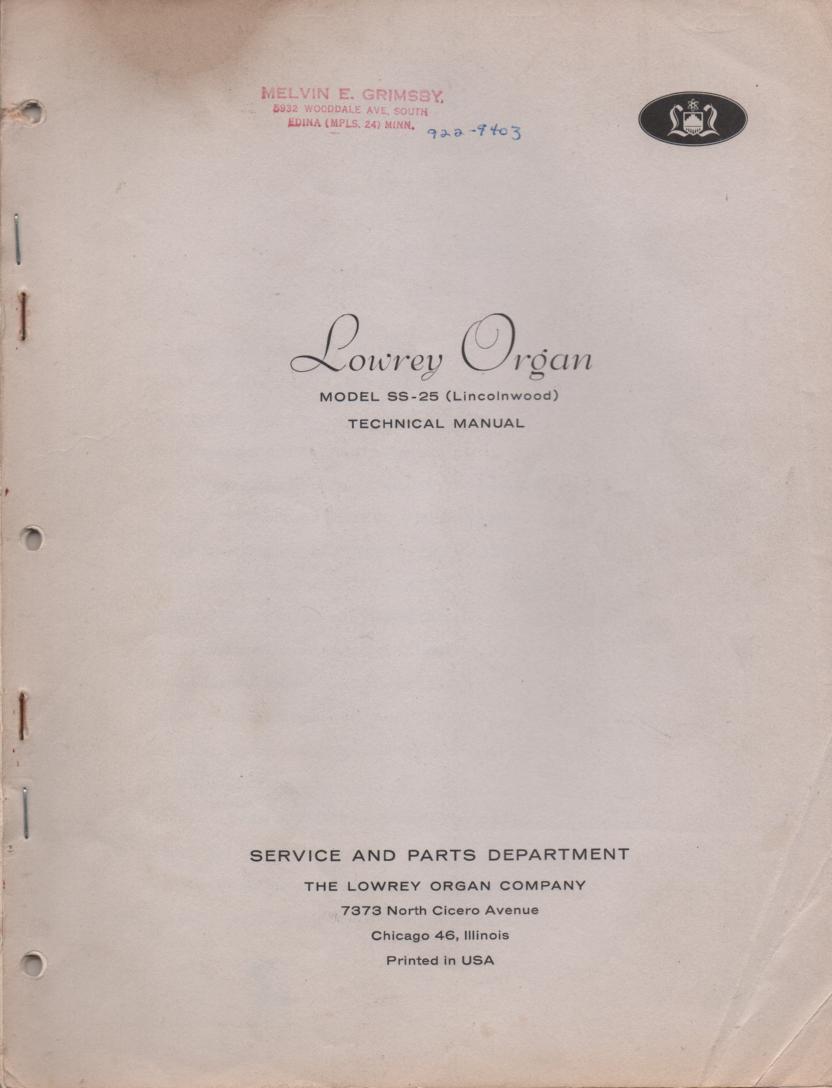 SS-25 Lincolnwood Organ Service Manual Schematics