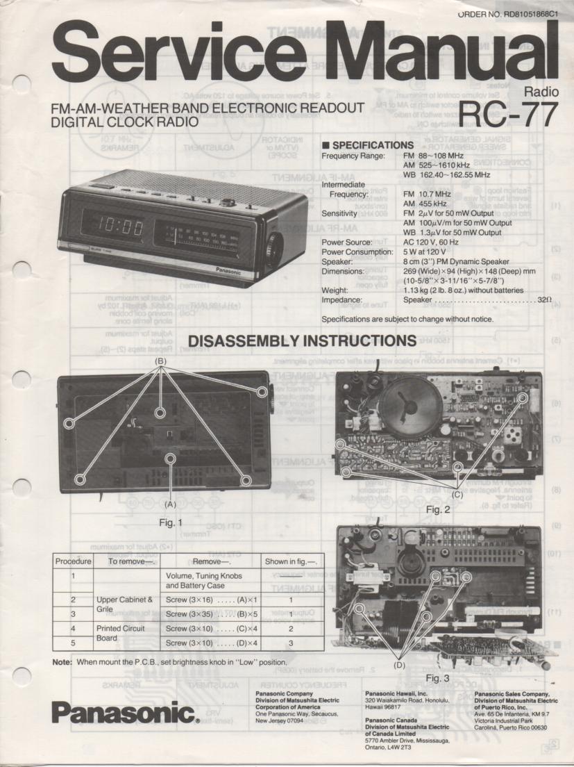 RC-77 Weather Band Clock Radio Service Manual