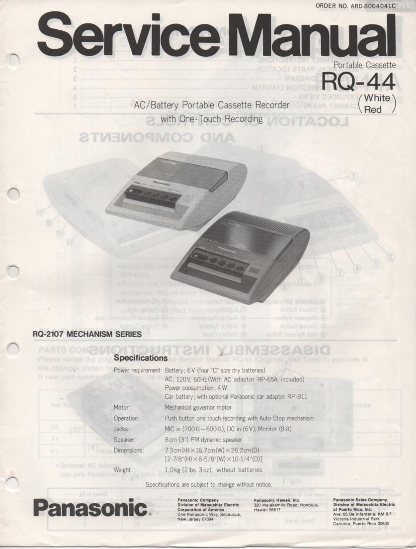 RQ-44 RQ-44A Portable Cassette Recorder Service Manual