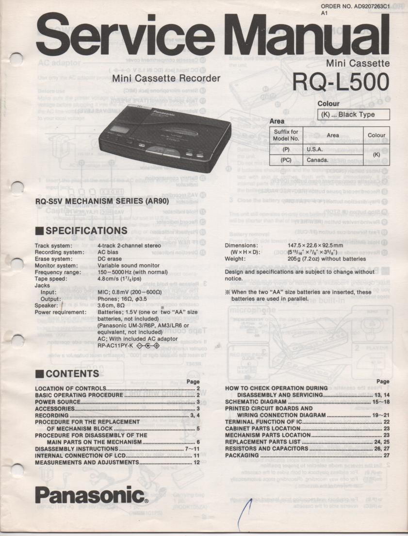 RQ-L500 Mini Cassette Recorder Service Manual