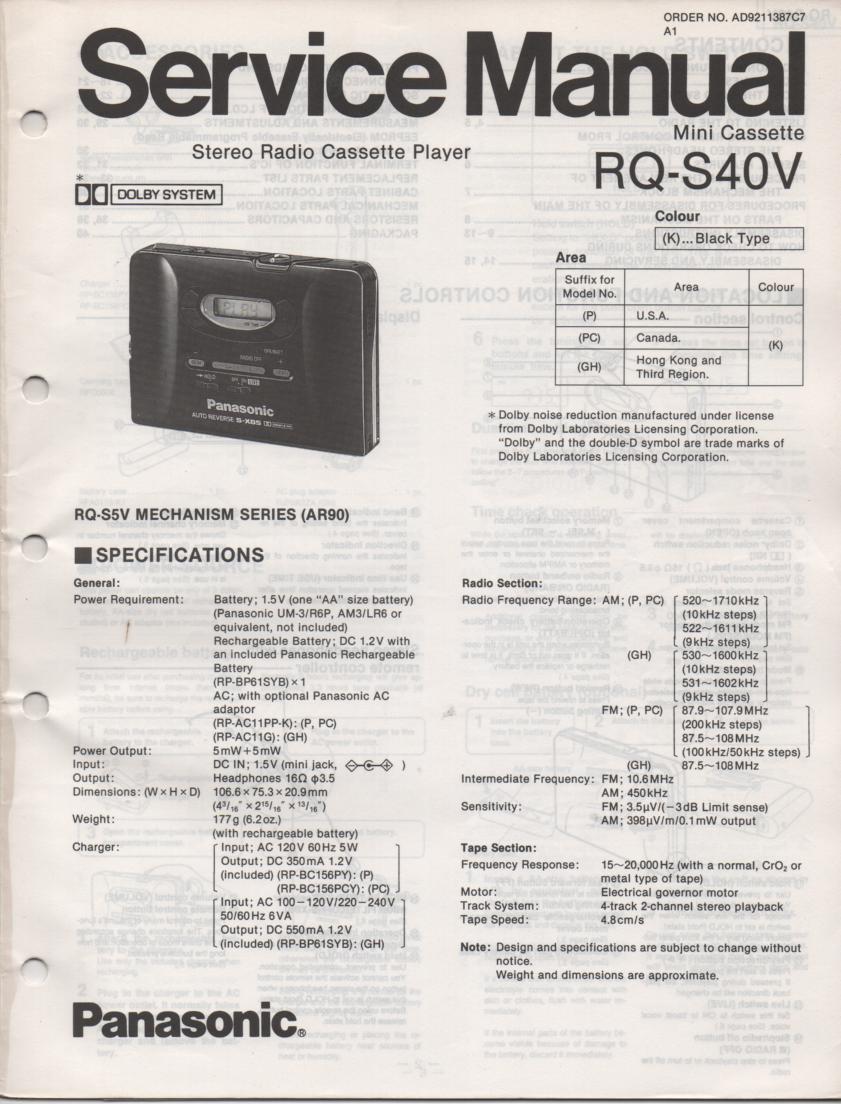 RQ-S40V Radio Mini Cassette Player Service Manual
