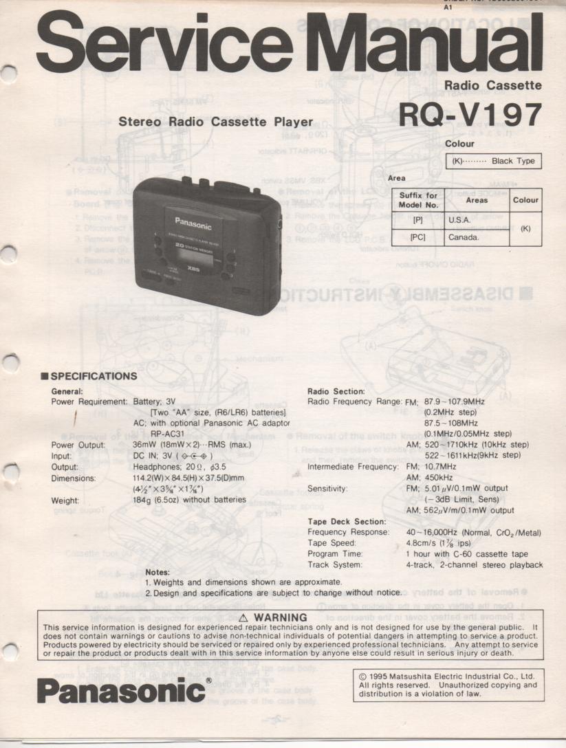 RQ-V197 Mini Cassette Player Radio Service Manual