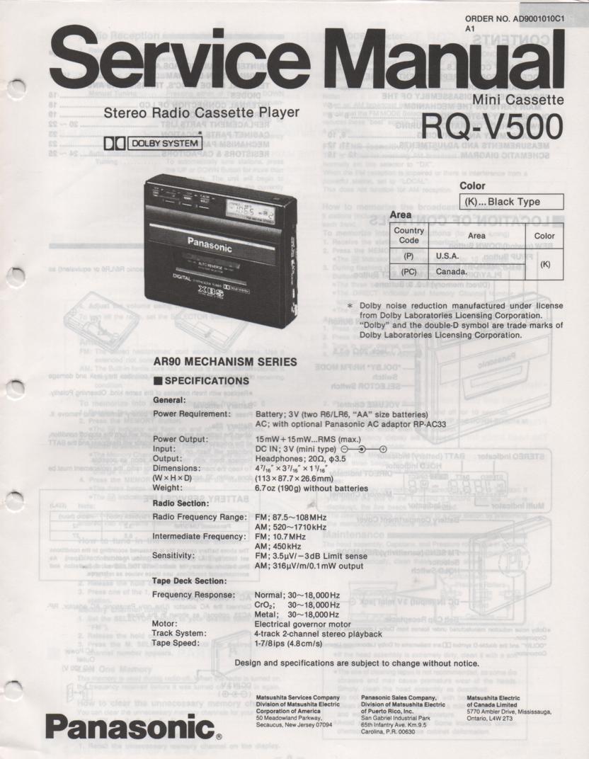 RQ-V500 Mini Cassette Player Radio Service Manual