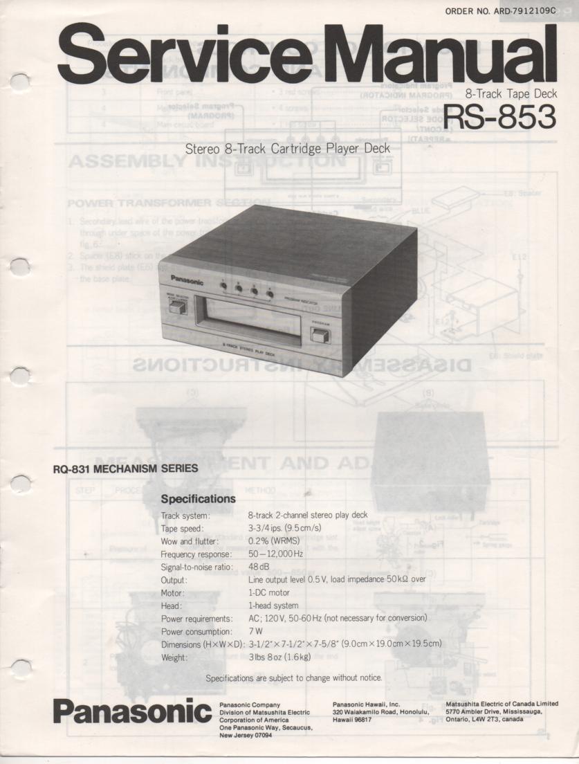 RS-853 8-Track Player Deck Service Manual