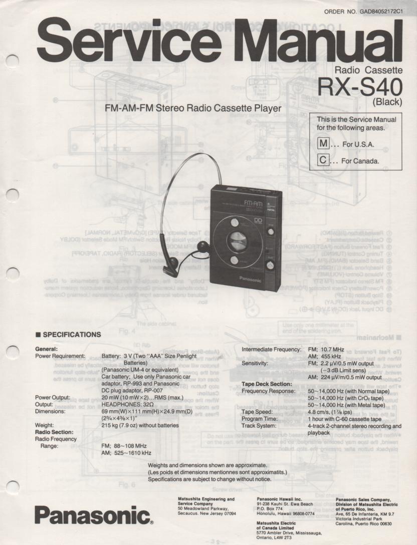 RX-S40 Mini Cassette Radio Player Service Manual