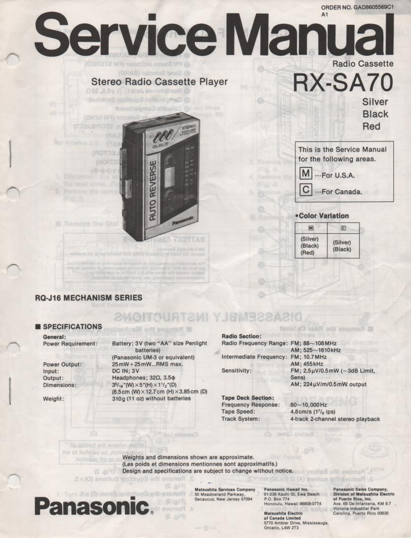 RX-SA70 Mini Cassette Radio Player Service Manual