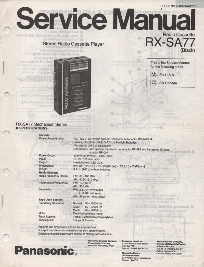 RX-SA77 Mini Cassette Radio Player Service Manual
