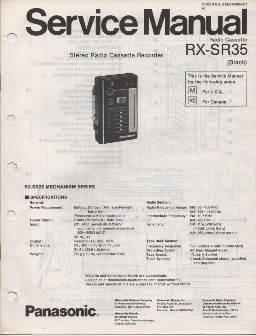 RX-SR35 Mini Cassette Radio Recorder Service Manual