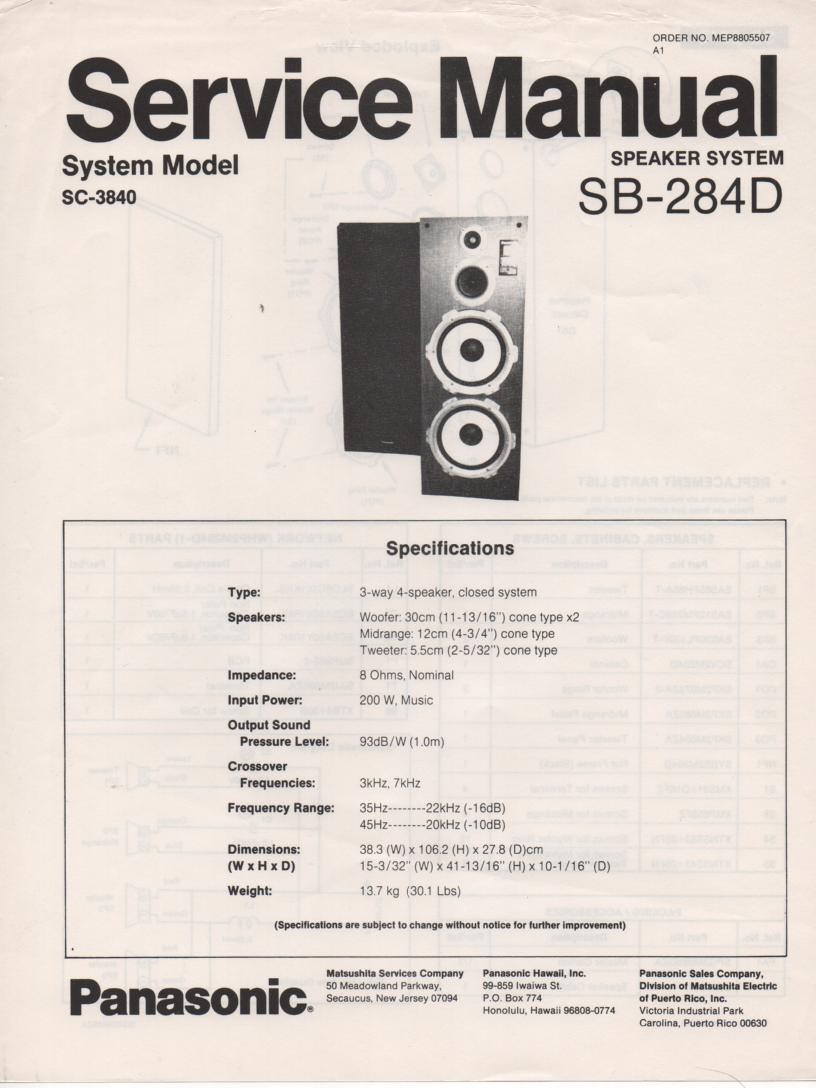 SB-284D Speaker System Service Manual
