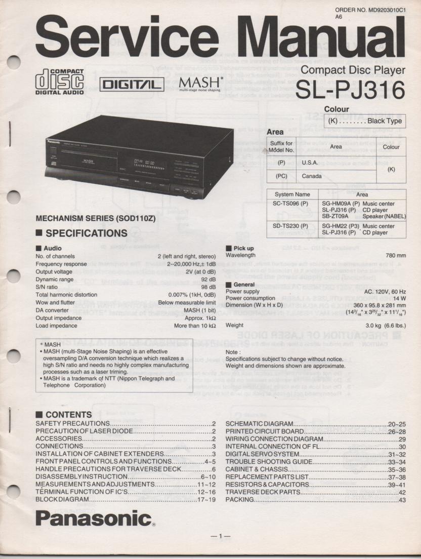 SL-PJ316 Multi Disc CD Player Service Instruction Manual