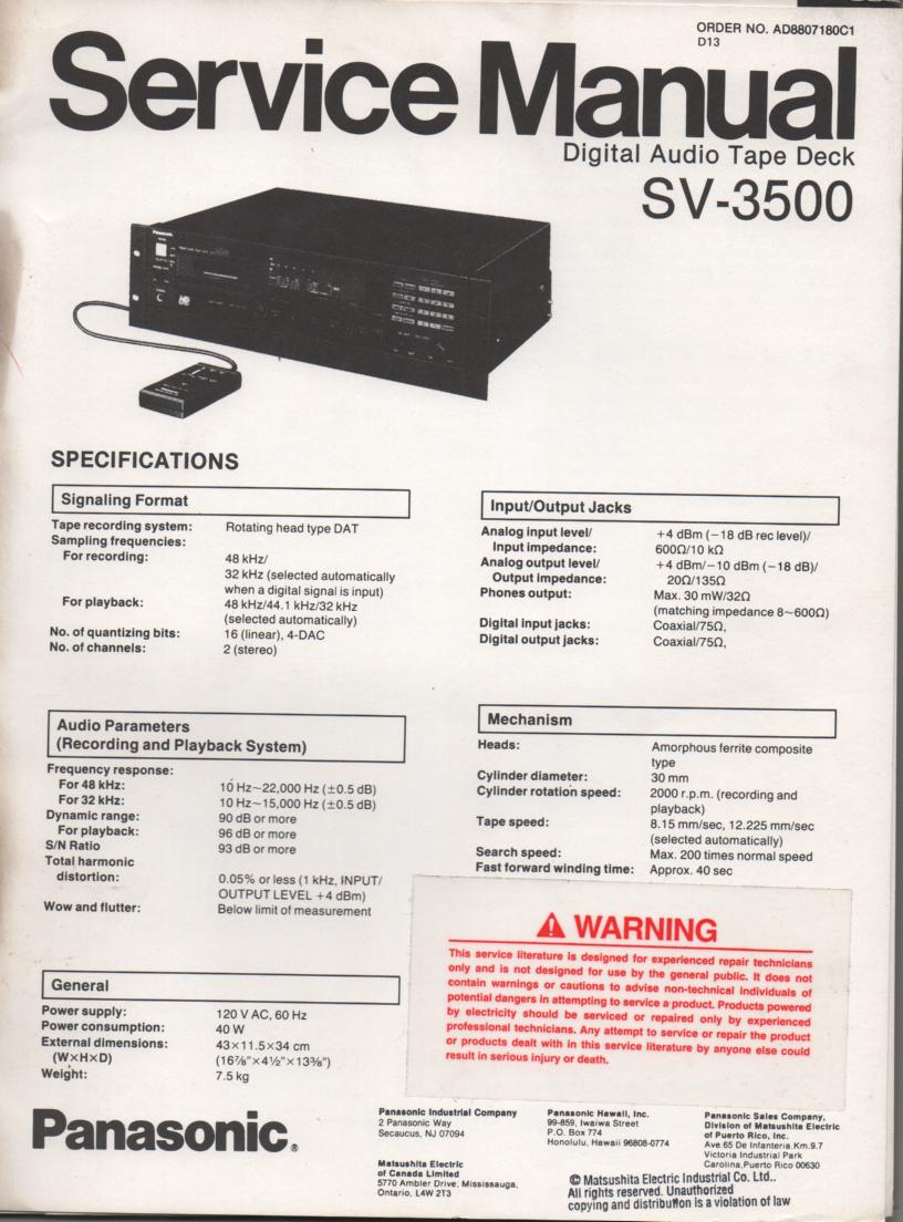 SV-3500 Digital Audio Tape Deck Service Manual