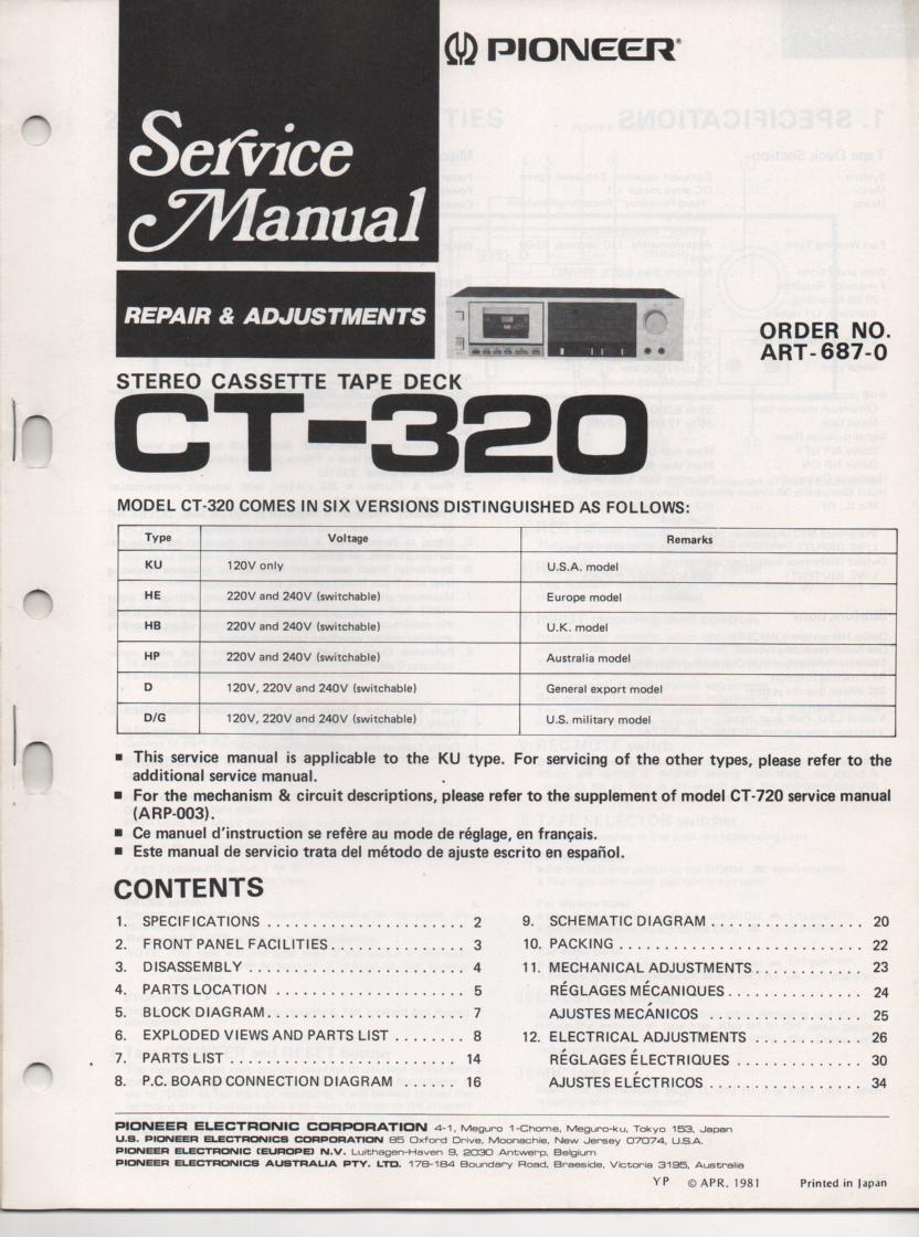 CT-320 Cassette Deck Service Manual. 38 pages. ART-687-0.. CT-720 Manual ARP-003-0 mechanism timing and circuit descriptions..