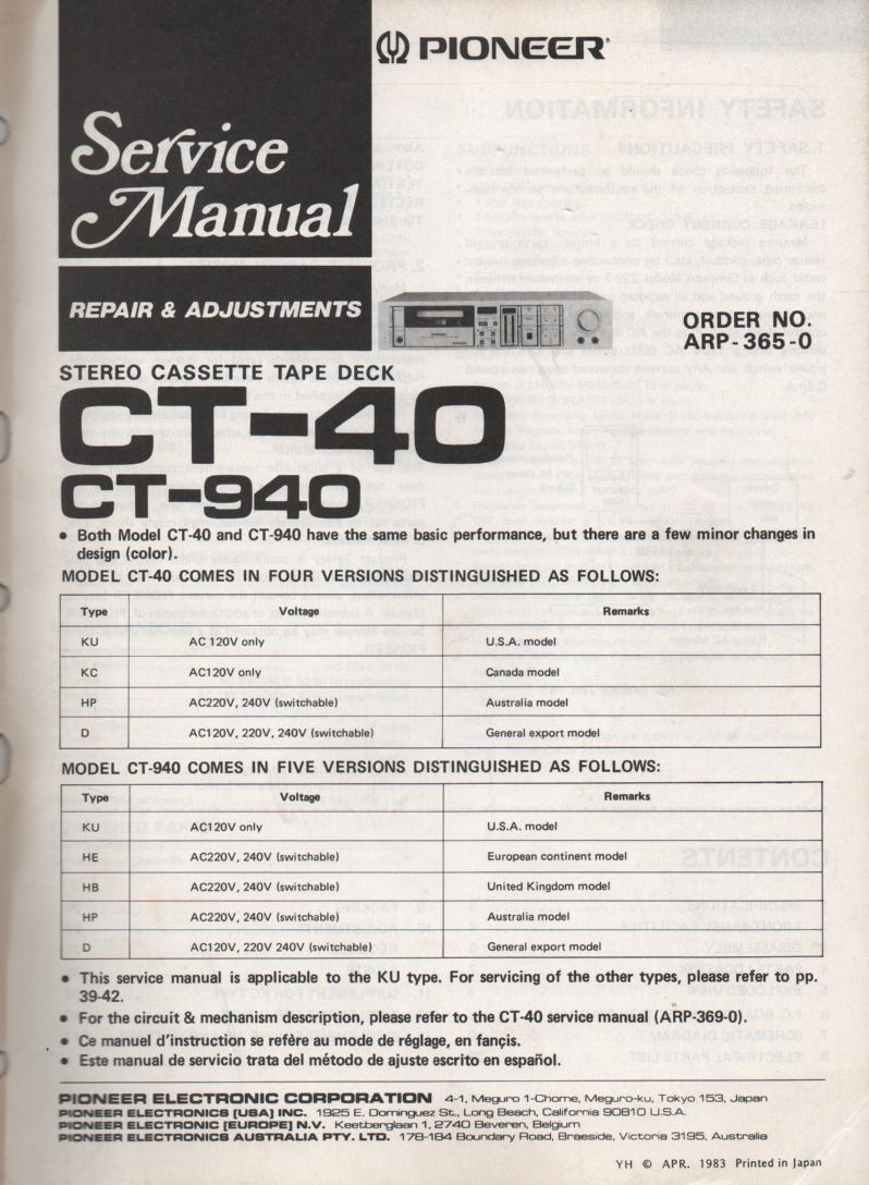 CT-40 CT-940 Cassette Deck Repair and Adjustments Service Manual. ARP-365-0