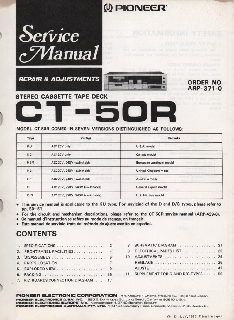 CT-50R Cassette Deck Repair and Adjustments Service Manual. ARP-371-0