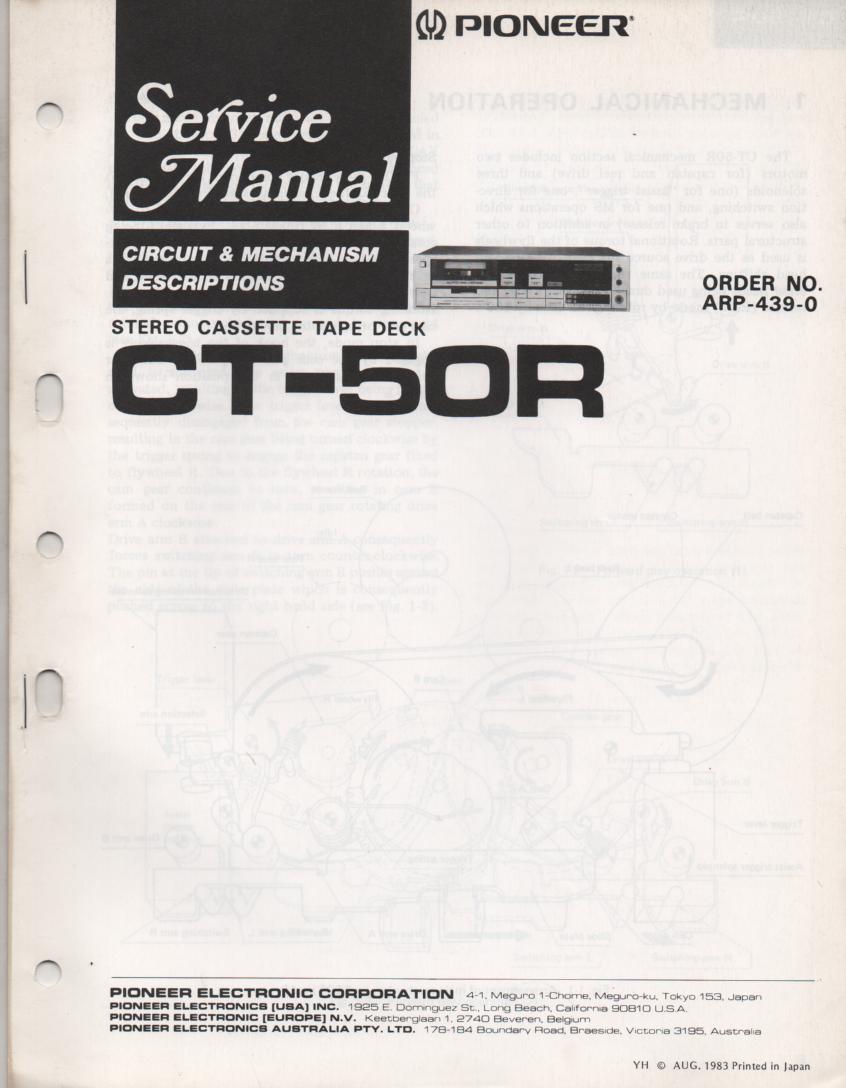 CT-50R Cassette Deck Descriptions Service Manual. Contains mechanism timing, IC descriptions, block diagrams, ARP-439-0. 22 pages..