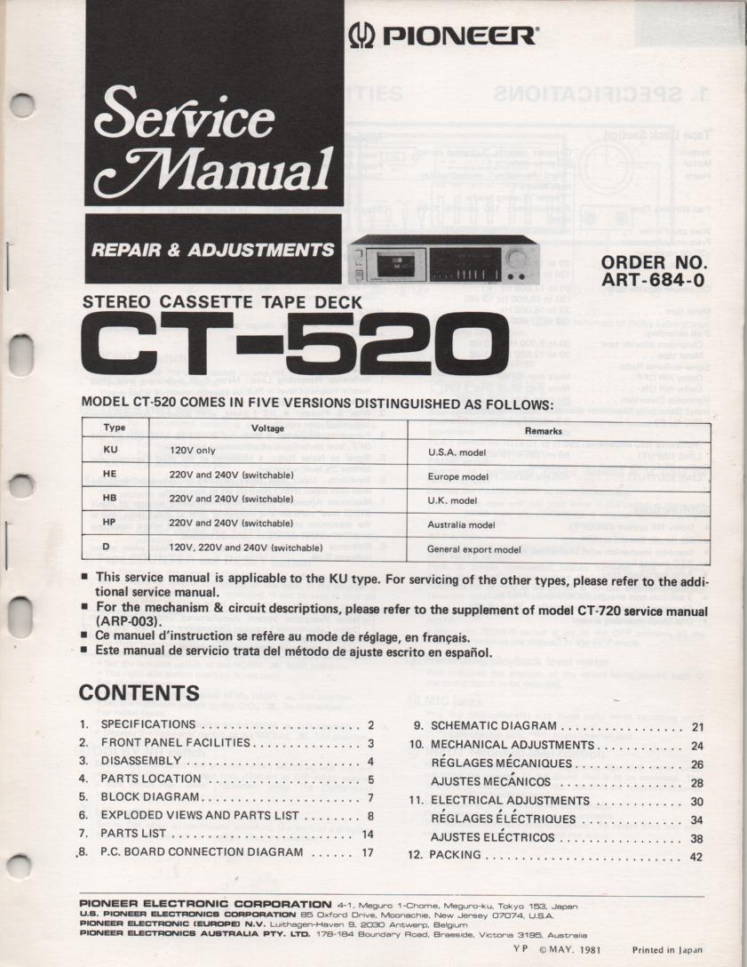 CT-520 Cassette Deck Service Manual. ART-684-0. Circuit and mechanism info CT-720 ARP-003-0 manual. English, French, Spanish instructions..