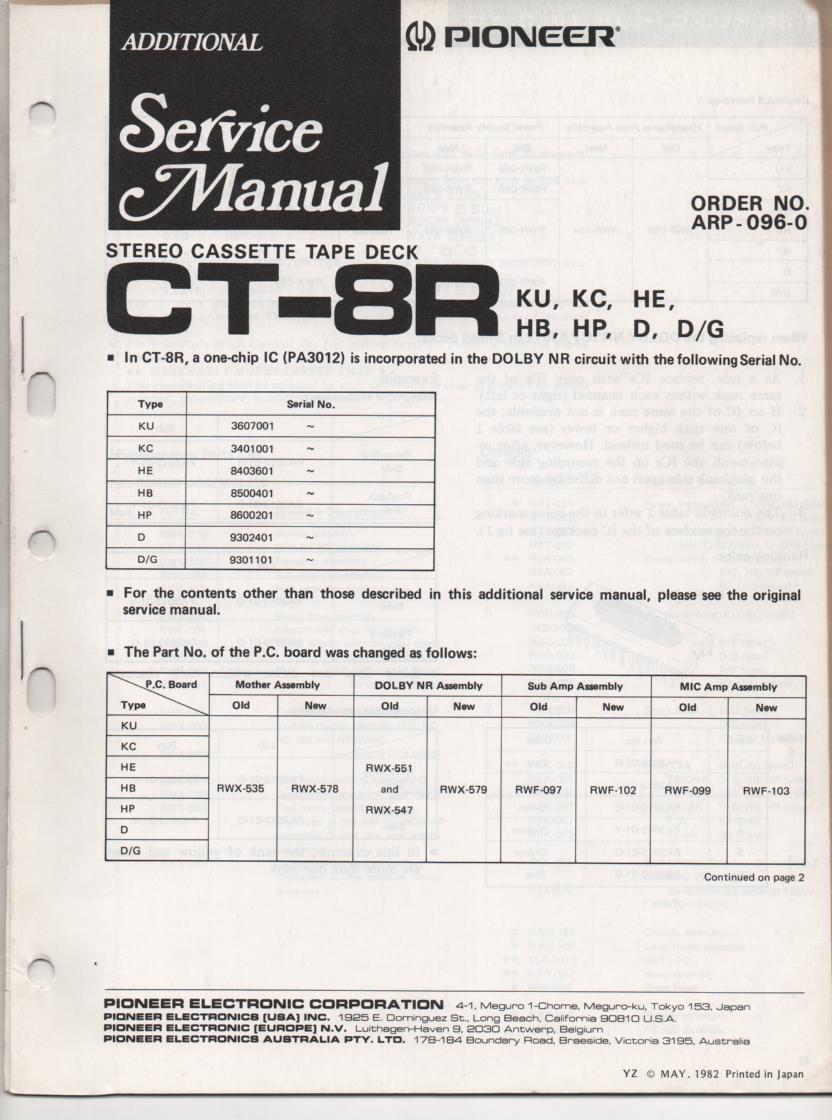 CT-8R Cassette Deck Service Manual. Dolby Circuit Modification manual.. KU Serial No. 3607001 and up. KC Serial No. 3401001 and up. HE Serial No. 8403601 and up. HB Serial No. 8500401 and up. HP Serial No. 8600201 and up. D Serial No. 9302401 and up. D/G Serial No. 9301101 and up. Manual is in English. ARP-096-0
