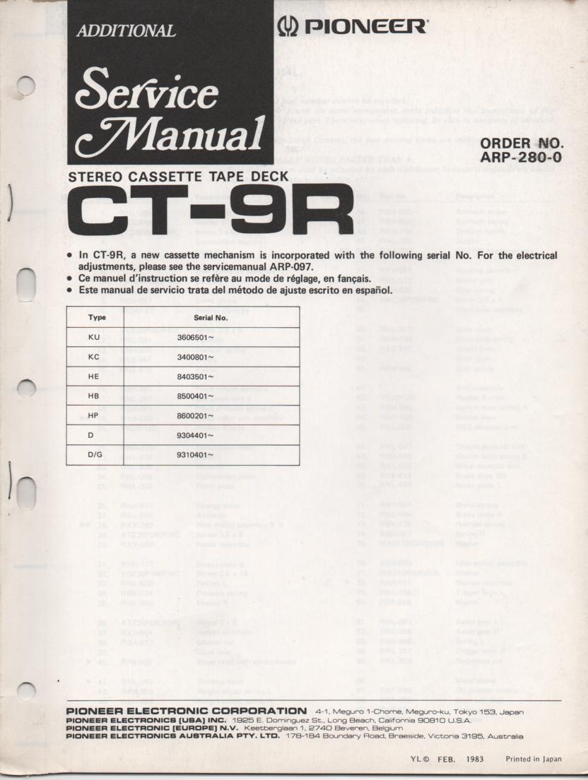 CT-9R Cassette Deck Service Manual . Updated Mechanism Service Manual. KU Serial No. 3606501 and up. KC Serial No. 3400801 and up. HE Serial No. 8403501 and up. HB Serial No. 8500401 and up. HP Serial No. 8600201 and up. D Serial No. 9304401 and up. D/G Serial No. 9310401 and up. Manual is in Engish French and Spanish.. Contains updated mechanism disassembly and parts list, adjustments, schematics. ARP-280-0 . 34 Pages