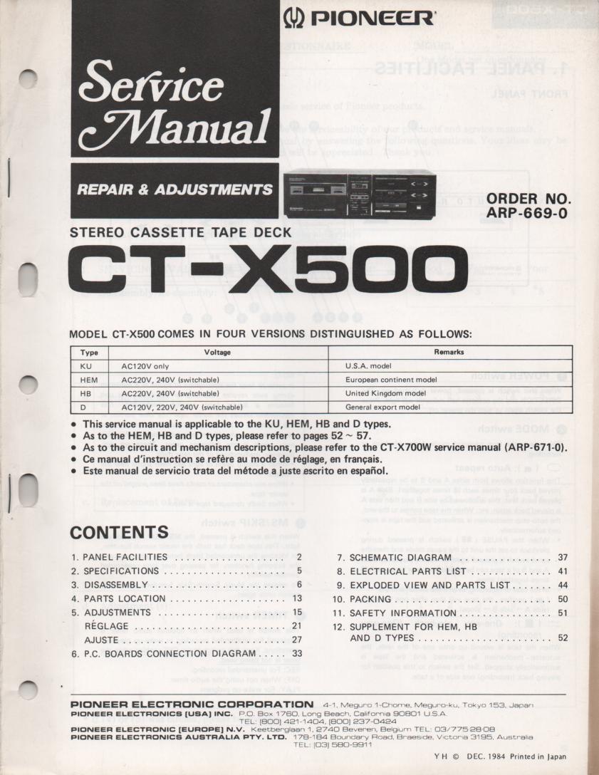 CT-X500 Cassette Deck Service Manual. ARP-669-0 .. 60 pages..