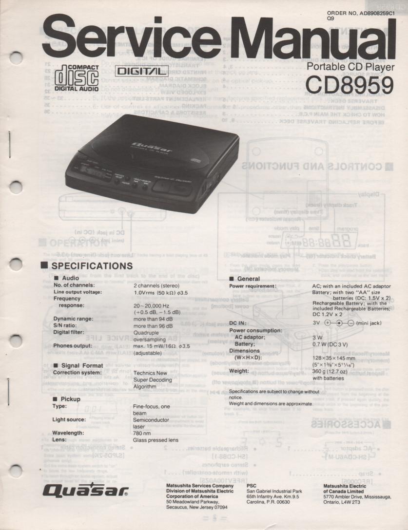 CD8959 CD Player Service Manual. 