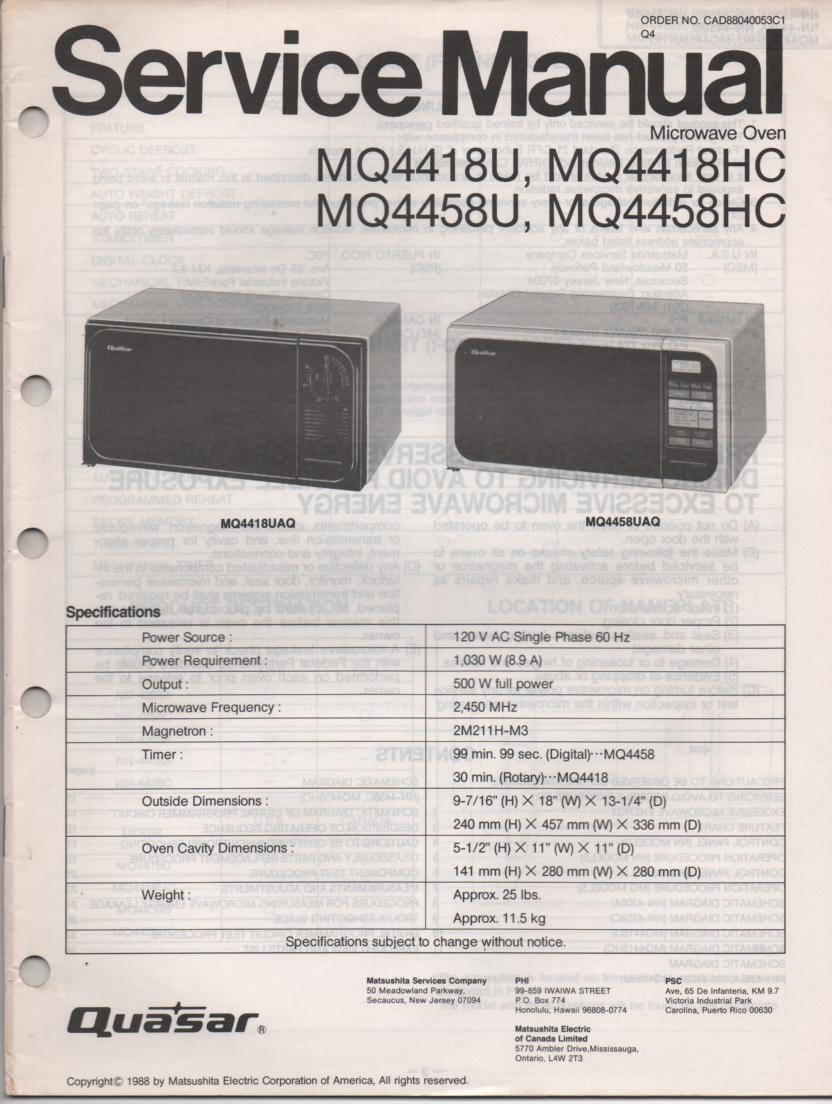 MQ4418U MQ4418HC MQ4458U MQ4458HC Microwave Oven Service Operating Instruction Manual